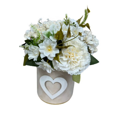 Welurowy flowerbox beżowy z bukietem goździków